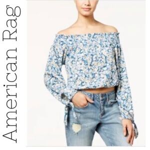 American Rag blue and yellow floral crop top off the shoulder XS